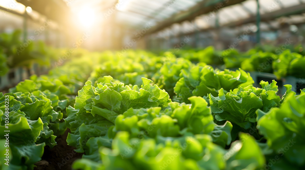 Lush rows of fresh lettuce and greens thrive in spacious greenhouse, basking in warm sunlight, organic vegetables farming agriculture healthy growth nature plant cultivation garden spring harvest Lush rows of fresh lettuce and greens thrive in spacious greenhouse, basking in warm sunlight, organic vegetables farming agriculture healthy growth nature plant cultivation garden spring harvest