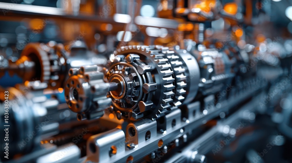 Close-up of intricate metallic machinery parts in industrial setting. Close-up of intricate metallic machinery parts in industrial setting.