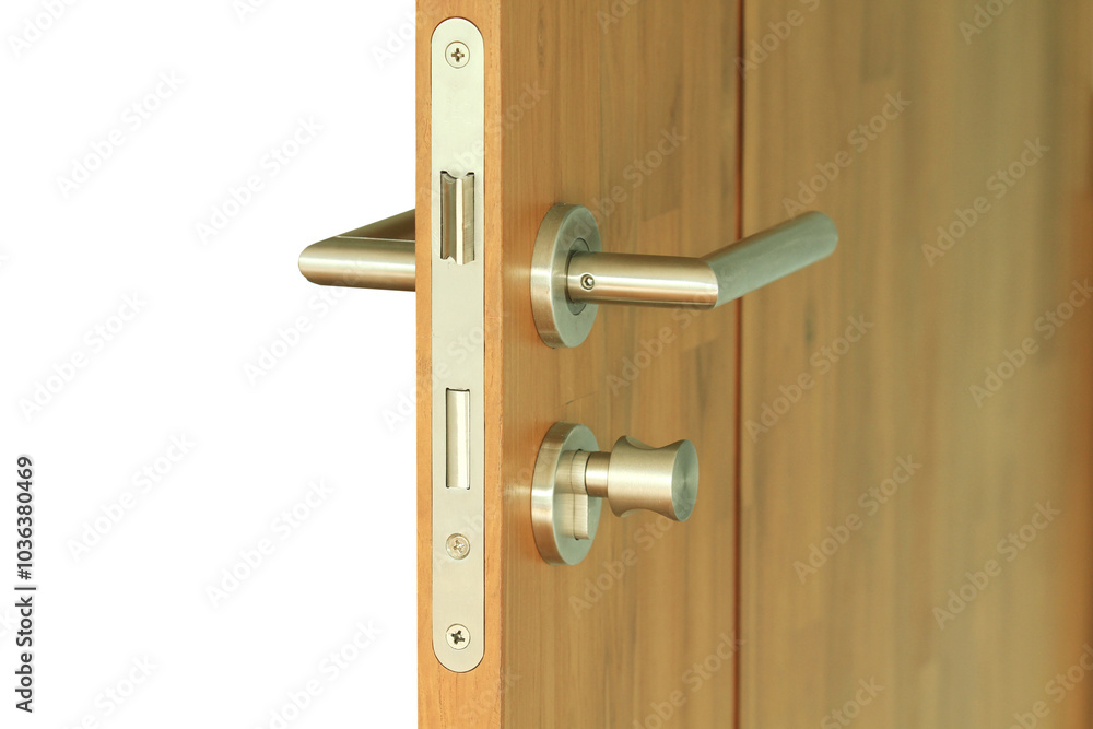 Door knob set installed on wooden door on transparent background
Door knob set installed on wooden door on transparent background