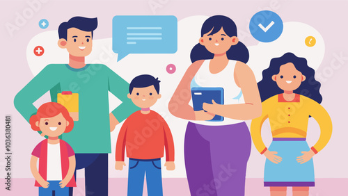 Parents educating their children about media influences and promoting a healthy and realistic perception of body image.. Vector illustration