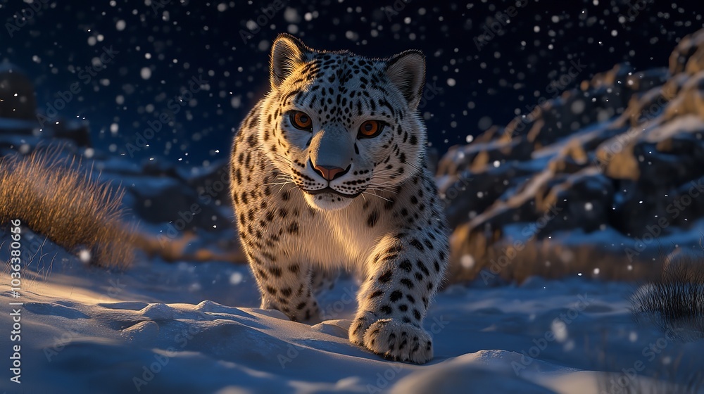 Obraz premium 3D Elegant Snow Leopard Prowling Through Glowing Snowy Terrain