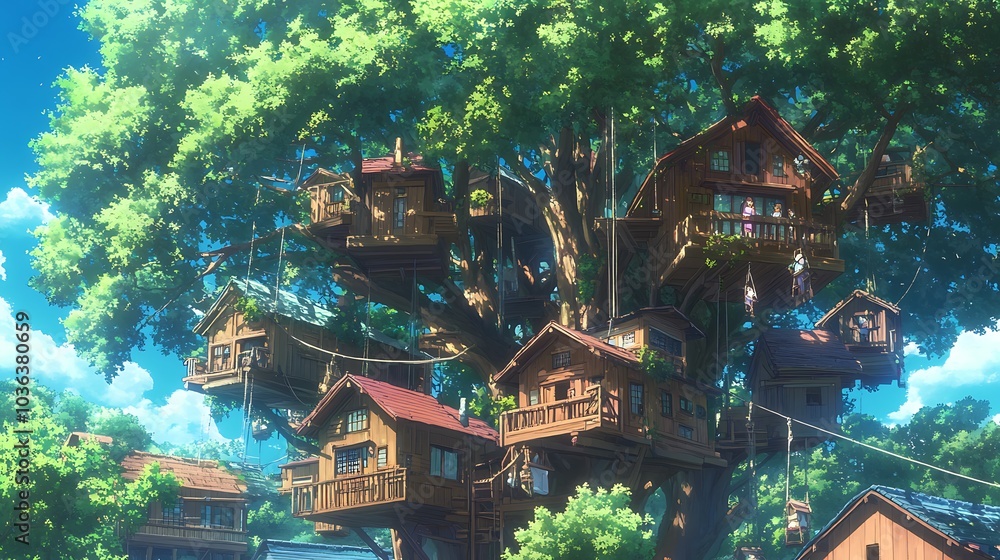 A whimsical village built high in the trees. A whimsical village built high in the trees.