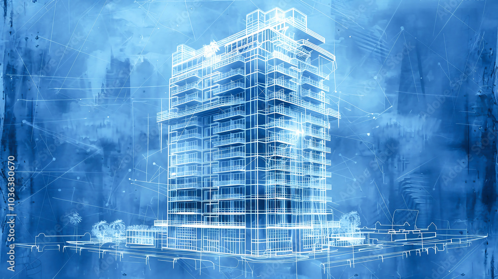Fototapeta premium Architectural sketch drawing blueprint blue tone modern design building structure constriction lines perspective use for engineering concept illustration exterior framework detailed innovative layout