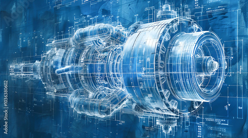 Digital detailed engine blueprint schematic design engineering technology mechanical aviation transparent line for industrial machinery turbine innovation aerospace futuristic concept illustration