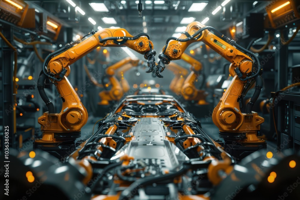 Industrial robotic arms working in a modern automated manufacturing facility. Industrial robotic arms working in a modern automated manufacturing facility.