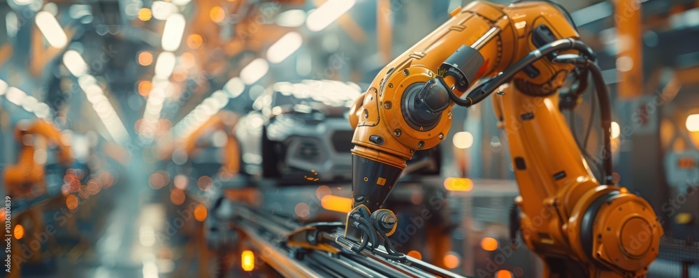 Industrial robotic arm working on an assembly line in a factory setting. Industrial robotic arm working on an assembly line in a factory setting.