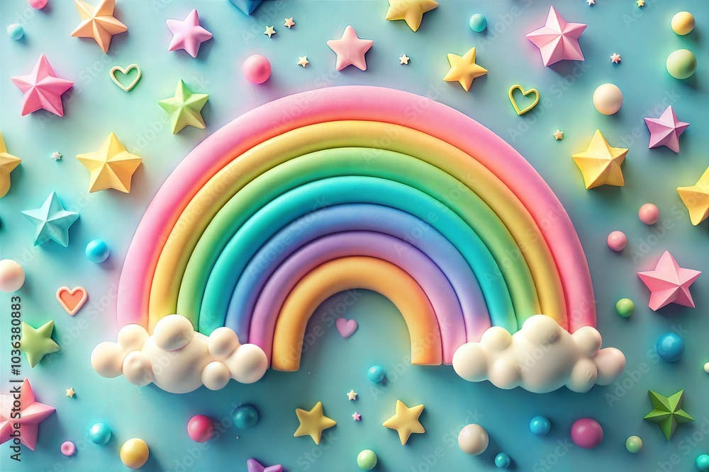 Whimsical 3D illustration of rainbow with stars and hearts Whimsical 3D illustration of rainbow with stars and hearts