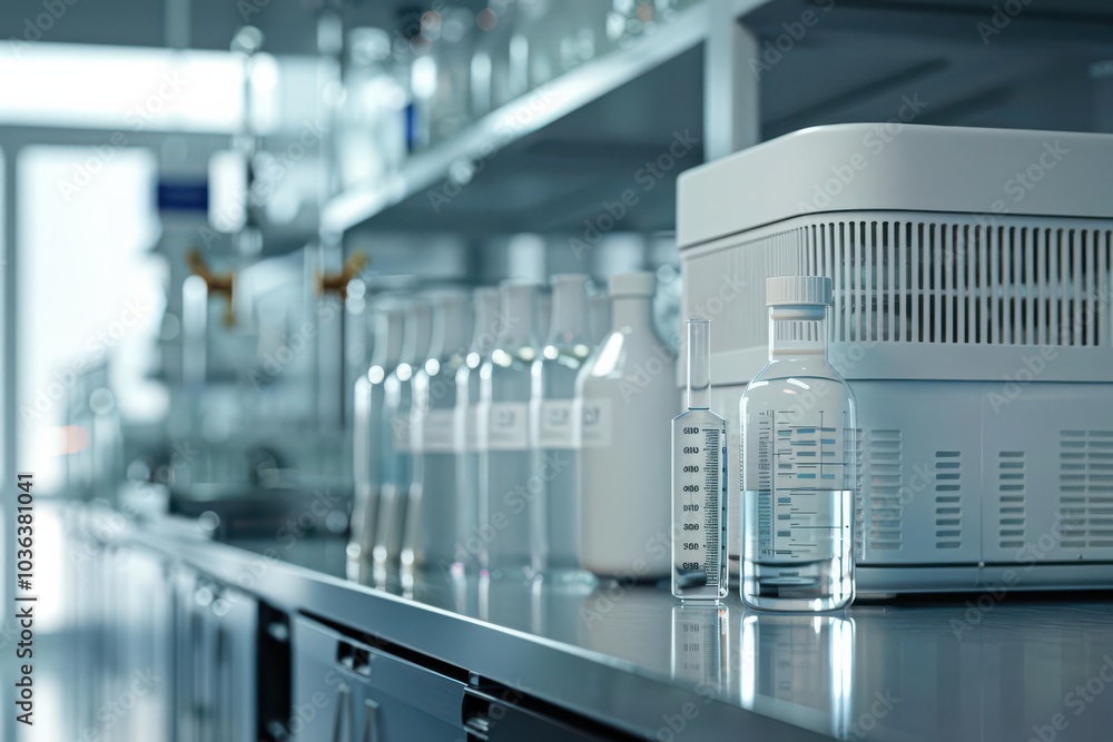 Laboratory equipment and glassware on shelf in modern lab setting Laboratory equipment and glassware on shelf in modern lab setting