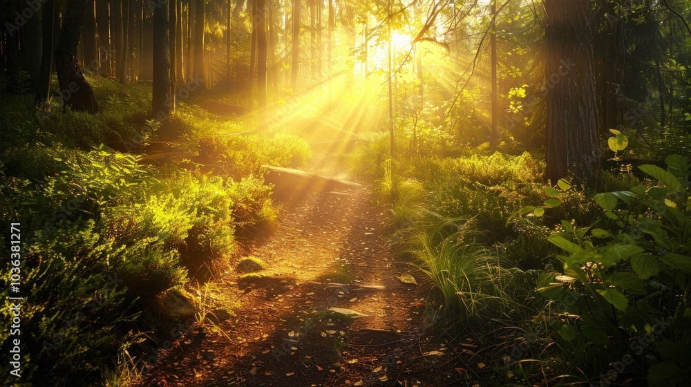 Fototapeta premium Sunbeams Illuminating a Forest Path