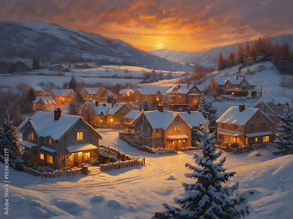 Oil painting of snowy village with glowing lights from houses and peaceful winter sky at sunset
Oil painting of snowy village with glowing lights from houses and peaceful winter sky at sunset