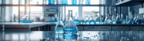 Laboratory setup with blue solutions in glassware on a reflective surface.