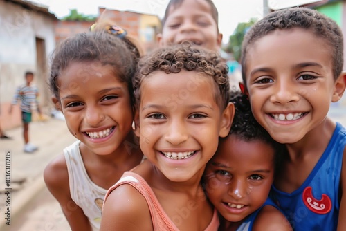 Group of happy multiracial school kids smiling at camera in the street