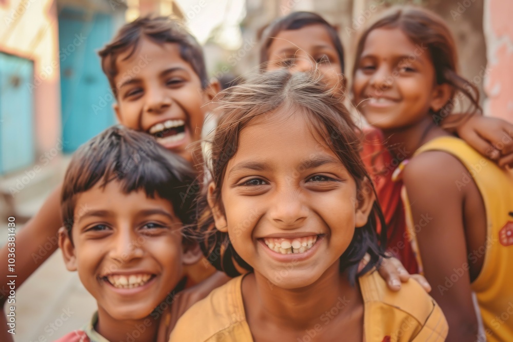 Group of happy Indian kids smiling and looking at camera. Selective focus. Group of happy Indian kids smiling and looking at camera. Selective focus.
