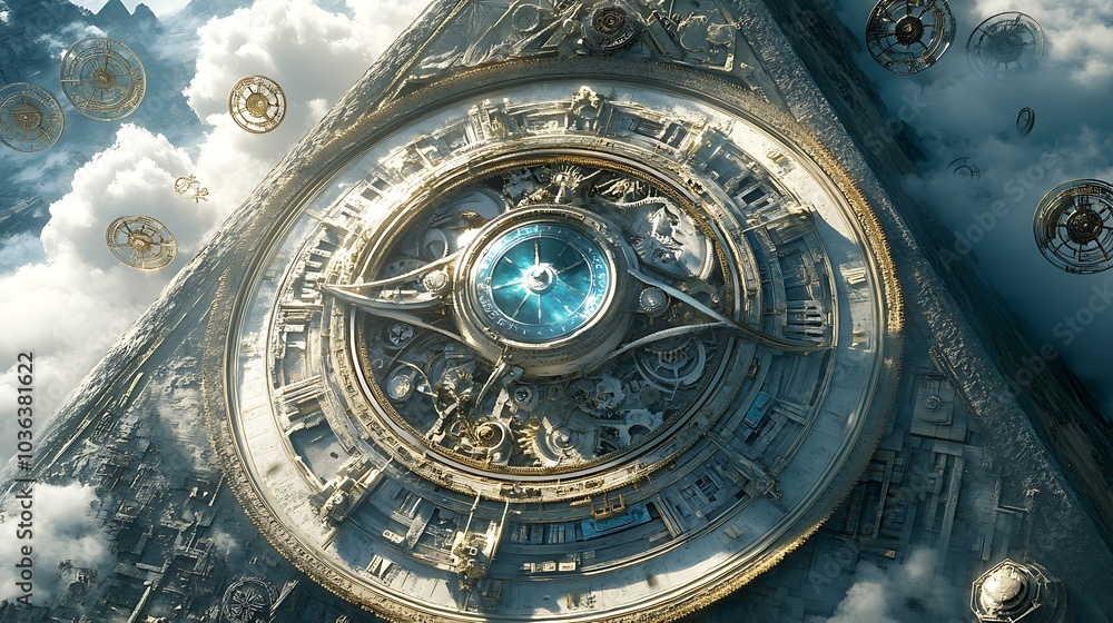 Obraz premium Aerial View of a Futuristic, Clockwork Structure with Flying Cogwheels