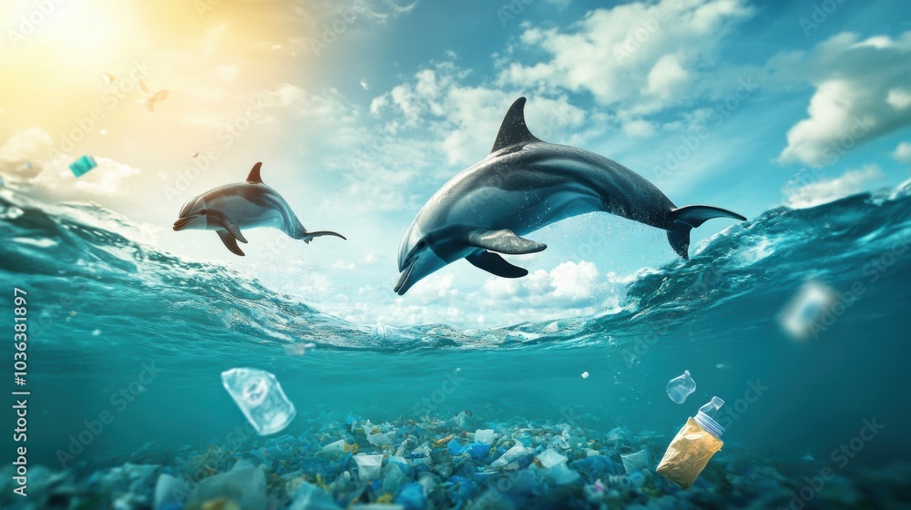 Obraz premium Dolphins Swimming in Polluted Ocean Environment
