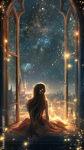Belle framed by large castle windows, looking out into the night sky filled with glittering stars, her smile bright as the stars seem to float around her, creating an enchanting scene