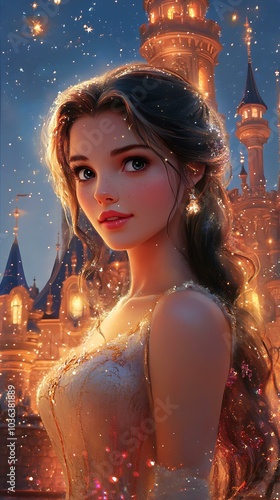 A dreamy scene of Belle standing in front of a tall castle tower, stars sparkling in the air around her, as she gazes softly into the camera with a joyful expression