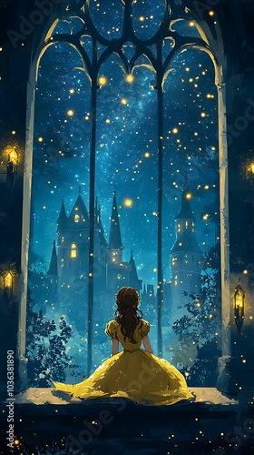 Belle framed by large castle windows, looking out into the night sky filled with glittering stars, her smile bright as the stars seem to float around her, creating an enchanting scene