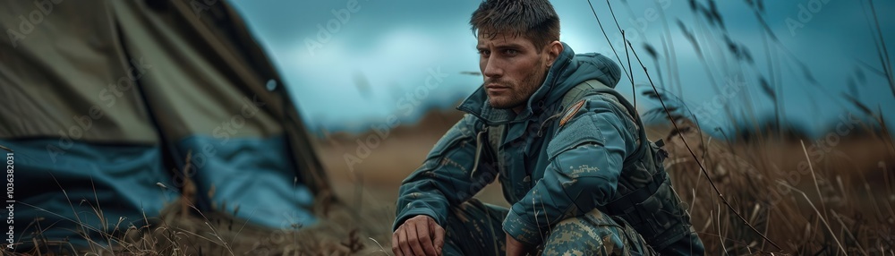 Soldier resting beside a tent in a field with a dramatic sky. Soldier resting beside a tent in a field with a dramatic sky.