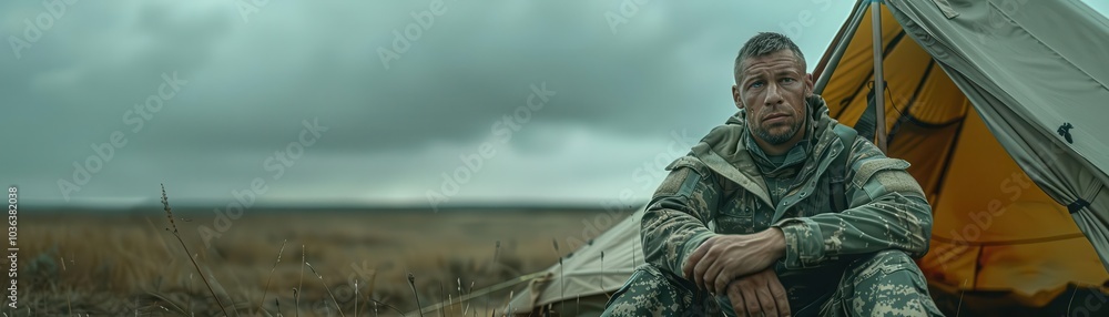 Obraz premium Soldier resting near a tent in a rugged outdoor setting under cloudy skies.