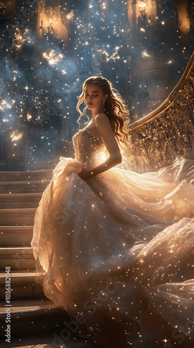 Belle standing on the steps of a grand castle, bathed in soft light, with glittering stars swirling around her in the air, her eyes focused on the camera as she smiles serenely