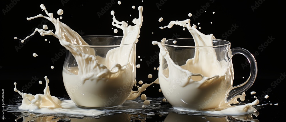 Splashing Milk in Glass Cups on Black Background Splashing Milk in Glass Cups on Black Background