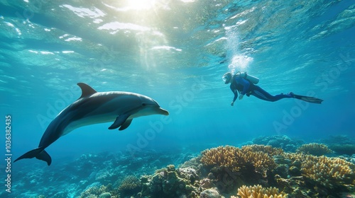 Dolphin Encounter Underwater in Coral Reef