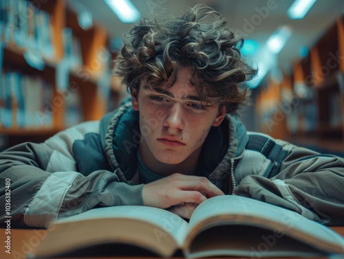 Young person studying in a library, focused on reading a thick book. photo