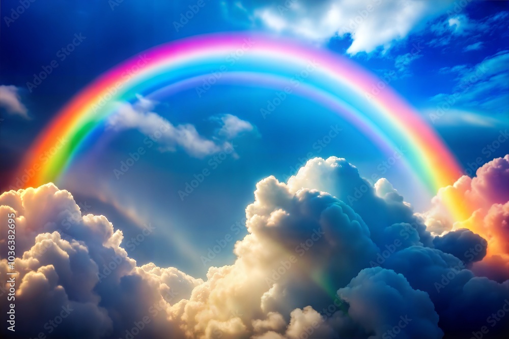 Mesmerizing rainbow over fluffy clouds in bright sky Mesmerizing rainbow over fluffy clouds in bright sky