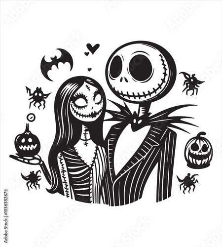 Jack and sally halloween silhouette vector