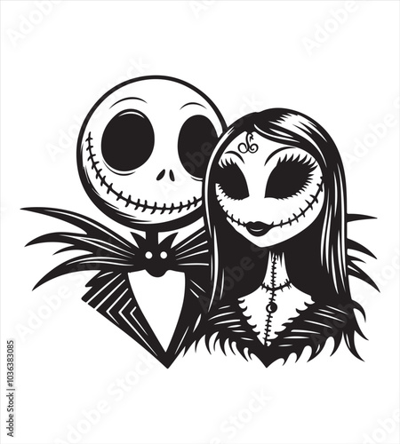 Schilderij op canvas Jack and sally halloween silhouette vector