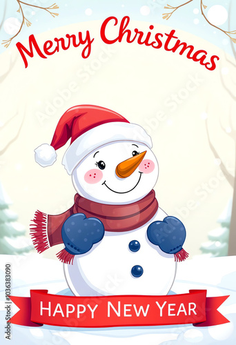 cartoon Merry Christmas and Happy New Year greeting card with copy space. New Year banner for greetings and design. Cute snowman