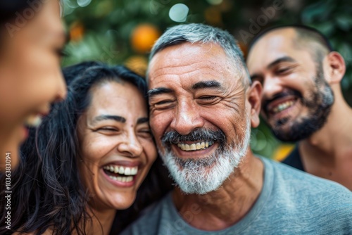 Portrait of a happy senior couple with their family in the garden