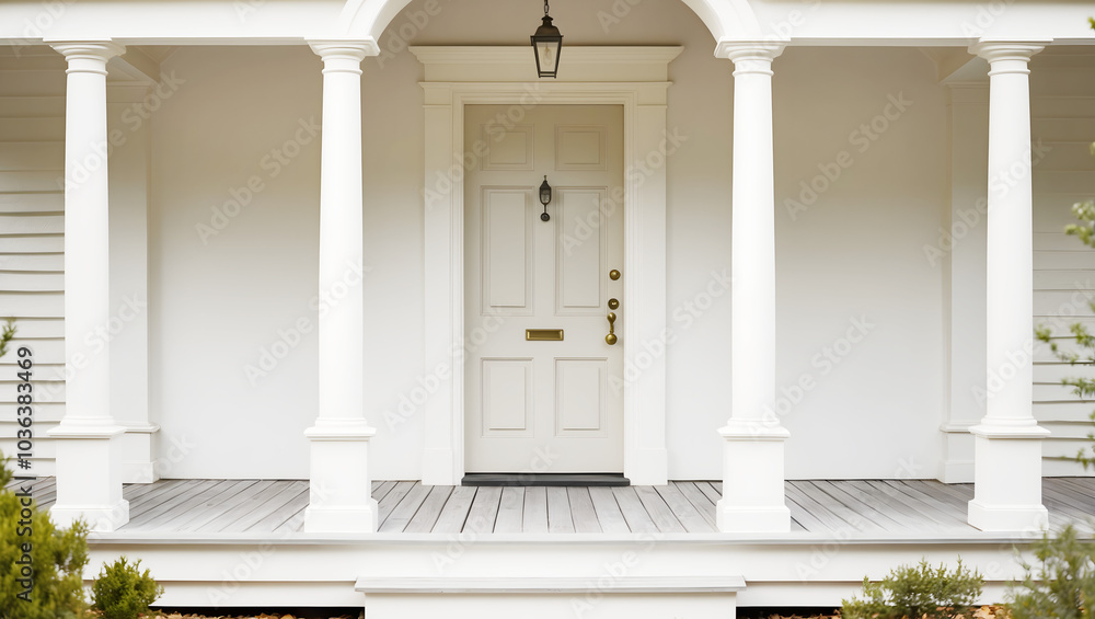 Classic white porch with pillars and front door Classic white porch with pillars and front door