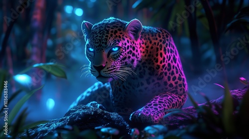 3D Fierce Leopard Crouching in a Glowing Neon Jungle for Dynamic Wildlife Decor