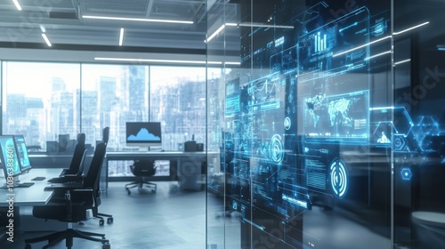 A futuristic workspace with a glass wall displaying real-time project updates and augmented reality interfaces  High-tech office theme  Minimalist style