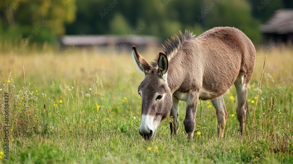 A donkey grazing in a field, showcasing rural life and nature A donkey grazing in a field, showcasing rural life and nature