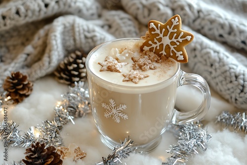 A beautiful cup of hot chocolate with gingerbread cookies on the side, with golden decorations and silver accents, in an elegant setting, with snowflakes and a white tablecloth photo