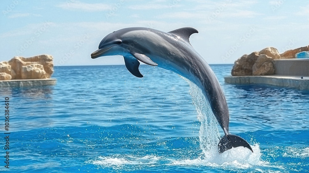 Fototapeta premium A dolphin jumping out of the water at an ocean park, illustrating marine life and agility