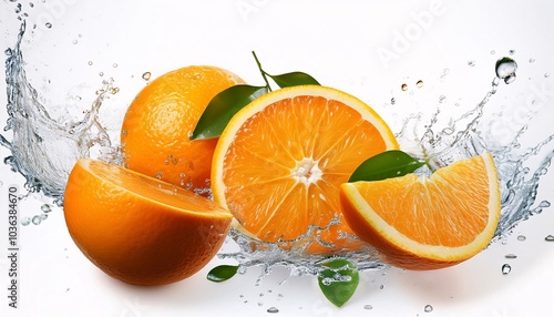 A fresh orange and slice pieces water dew water spray floating isolated on white with clipping path