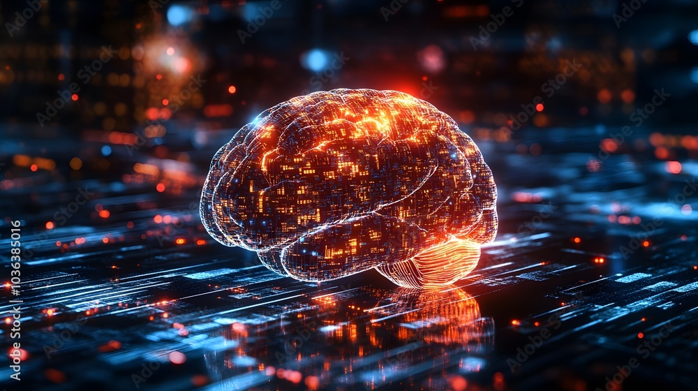 Fototapeta premium A glowing digital brain on a circuit board background