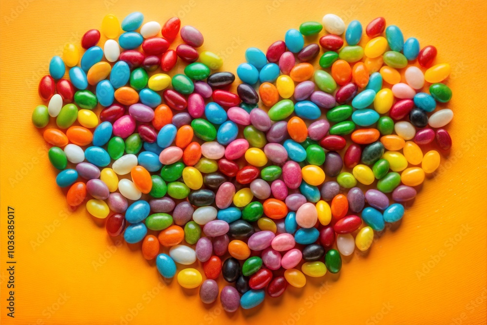 Heart-shaped jelly bean arrangement on yellow background Heart-shaped jelly bean arrangement on yellow background