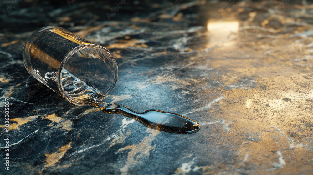 An empty glass on its side, with a trail of spilled water leading away on a dark marble surface, showing contrasting textures and reflections --chaos An empty glass on its side, with a trail of spilled water leading away on a dark marble surface, showing contrasting textures and reflections --chaos