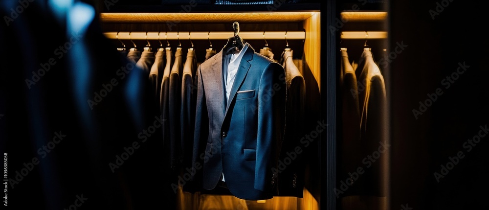 Naklejka premium Elegant blue suit hanging in a modern closet with warm lighting, showcasing fashion and style in a sophisticated setting.