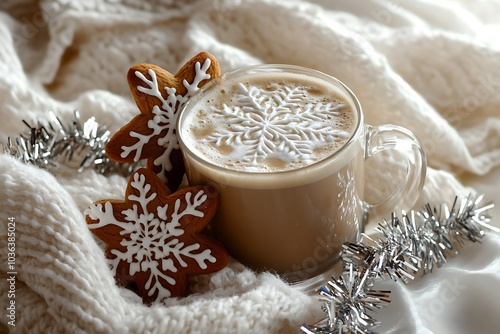 A beautiful cup of hot chocolate with gingerbread cookies on the side, with golden decorations and silver accents, in an elegant setting, with snowflakes and a white tablecloth photo