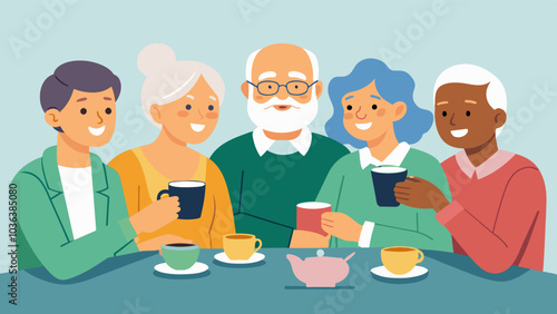 The group of retired neighbors held their weekly coffee morning at the local senior center reminiscing about the past and creating new memories over cups of coffee.. Vector illustration