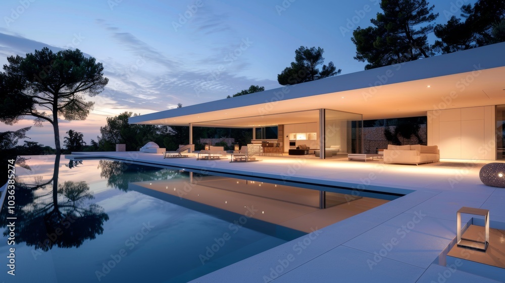 Fototapeta premium Minimalist pool house, soft lighting