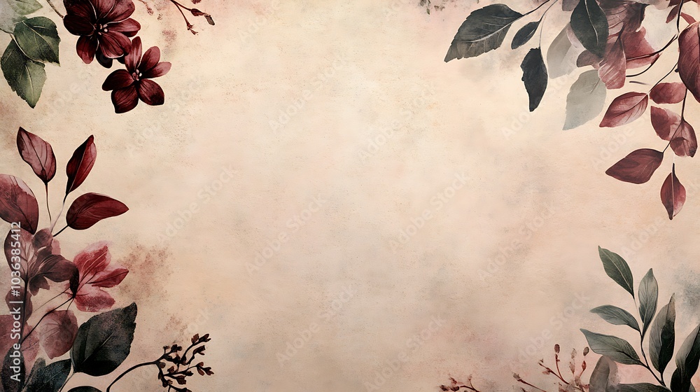 Elegant Floral Frame with Dark Red and Green Leaves on a Soft Beige Background - Botanical Design Elegant Floral Frame with Dark Red and Green Leaves on a Soft Beige Background - Botanical Design