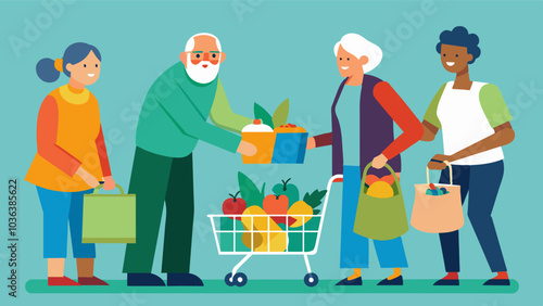 Neighbors lend a hand with grocery shopping and meal preparation for seniors who may have difficulty cooking for themselves.. Vector illustration