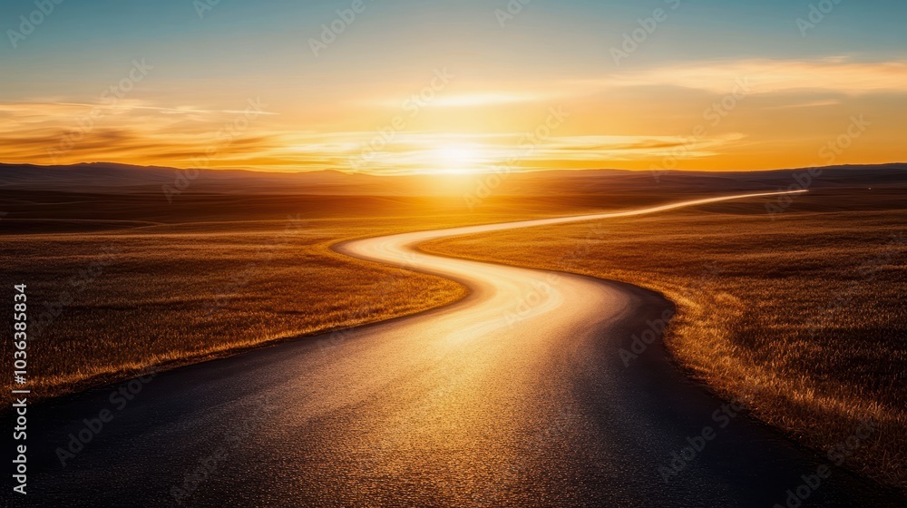 A winding road stretching through golden fields under a vibrant sunset sky. A winding road stretching through golden fields under a vibrant sunset sky.